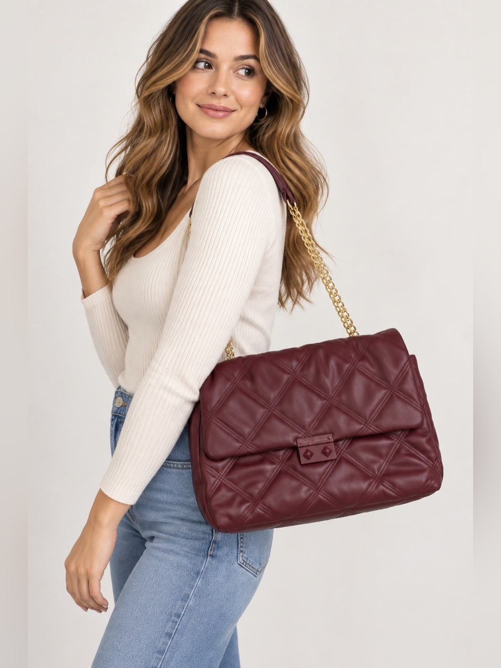 Betsey Johnson Oxblood Quilted Chain Shoulder Bag Oversized Puffer Purse